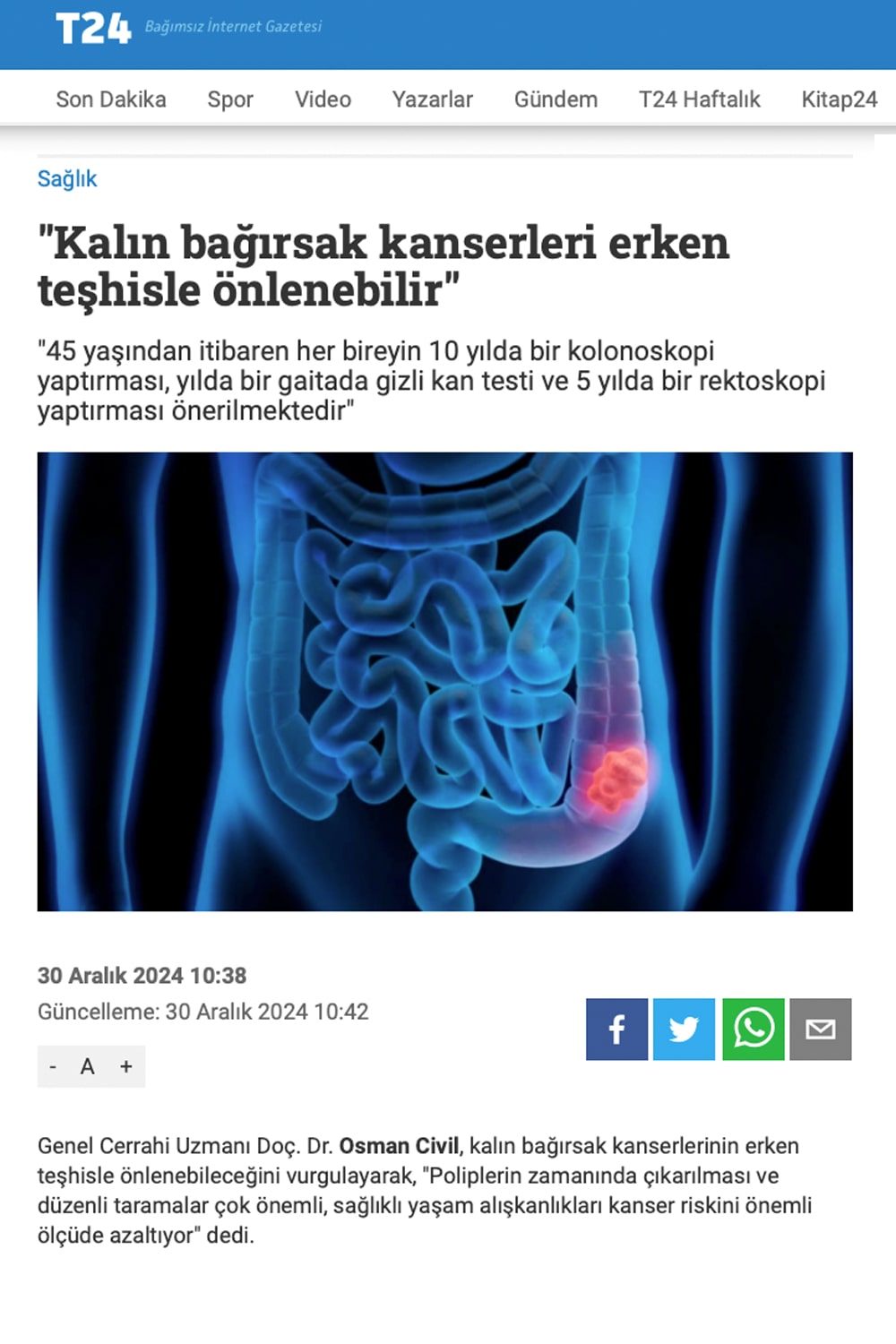 Kalın bağırsak kanserleri erken teşhisle önlenebilir